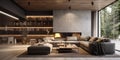 Room with wooden paneling and concrete ceiling. Interior design of modern living room