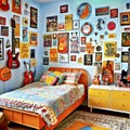 Room with yellow walls and many posters