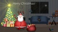 Santa Claus, in the decorated room, fills the Christmas tree with gifts for everyone and greets you with a big smile