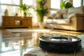 Roomba Cleaning in Front of a Couch Royalty Free Stock Photo
