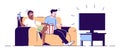 Roommates watching TV flat vector illustration. Male friends relaxing, eating popcorn. Young men in 3d glasses enjoy