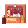 Rooms available vector illustration. Cartoon character girl and check-in desk in hotel or hostel