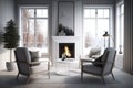 Roomy armchairs in front of a warm fireplace in a homey living room