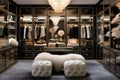 A roomy walk-in closet boasting a vast array of clothing options in one convenient space, An opulent walk-in closet filled with