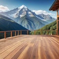 A roomy wooden deck with a stunning mountain view and great