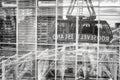 Roosevelt Island cable tramway car reflected in buildings windows.