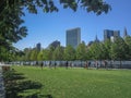 Roosevelt Island, New York: Visitors strolling on the lawn of the Four Freedoms Park