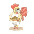 Rooster baker with a tray of bread