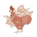 rooster beautiful in glasses and clothes on a background of flowers and leaves. Rooster. Bird. Postcard, banner, web