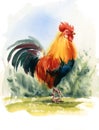 Rooster Bird Watercolor Illustration Hand Drawn