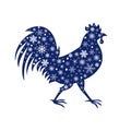 Rooster blue silhouette with snowflakes.