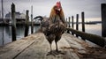 Photographically Detailed Portrait Of Rooster On Old Pier