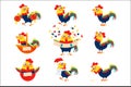 Rooster Cartoon Character Set With A Cock Representing Chinese Zodiac Symbol Of New Year 2017