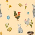 Rooster chick egg rabbit beige pattern watercolor