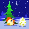 The rooster, chicken, cockerel a symbol of new year 2017pod fir-tree on snow with egg sits. An emblem in the Chinese