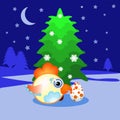 The rooster, chicken, cockerel a symbol of new year 2017pod fir-tree on snow with spotty egg sits at night. An emblem in the Chin