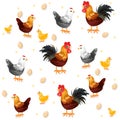 Rooster, chicken and eggs pattern Vector. Eco farmings Royalty Free Stock Photo