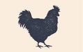 Rooster, Chicken, Hen, Poultry, Silhouette. Vintage Logo, Retro Print, Poster
