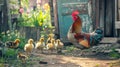 Rooster and Chickens. Free Range Cock and Hens. Royalty Free Stock Photo