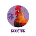 Rooster chinese horoscope character isolated on white background. Symbol Of New Year 2017. Pet hen bird in round circle with hiero Royalty Free Stock Photo