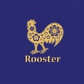 Rooster. Chinese horoscope 2029 year. Floral golden ornament. Animal symbol