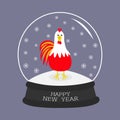 Rooster bird. Crystal ball with snowflakes. 2017 Happy New Year symbol Chinese calendar. Cute cartoon funny character Big fea Royalty Free Stock Photo