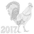 Rooster coloring book for adult, Chicken Chinese zodiac symbol of the new year. Design t-shirt print, greeting card, calendar. Royalty Free Stock Photo