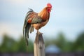 rooster crowing atop a rustic fence post Royalty Free Stock Photo