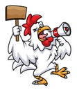 A rooster crows with a megaphone and holding blank wood Royalty Free Stock Photo