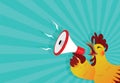 The Rooster crows with a megaphone Royalty Free Stock Photo