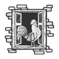 rooster crows sings in house window sketch raster Royalty Free Stock Photo