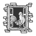 rooster crows sings in house window sketch vector Royalty Free Stock Photo