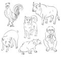 Rooster, dog, pig, rat, monkey and ox Royalty Free Stock Photo