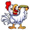 a rooster eats a huge hotdog
