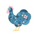 Rooster Farm Bird Colored In Artictic Modern Style Filled With Blue And Pink FloralPattern Colorful Illustration