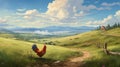 Rooster In The Field: Spatial Concept Art With Expansive Landscapes