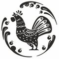 Rooster folk graphics. The style of Russian historical painting. Vector black and white graphics
