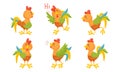 Rooster Funny Character with Bright Feathers Singing and Greeting Vector Set