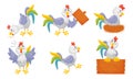 Rooster Funny Character with Bright Feathers Sleeping and Holding Wooden Plank Vector Set
