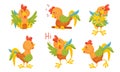 Rooster Funny Character with Bright Feathers Sleeping on Perch and Greeting Vector Set