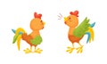 Rooster Funny Character with Bright Feathers Standing and Singing Vector Set