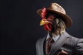 Rooster gentleman in a suit, tie, hat and glasses on a black background. AI generated.
