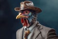 Rooster gentleman in a suit, tie, hat and glasses on a black background. AI generated.