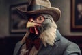 Rooster gentleman in a suit, tie, hat and glasses on a black background. AI generated.