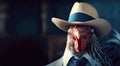 Rooster gentleman in a suit, tie, hat and glasses on a black background. AI generated. Header banner mockup with space.