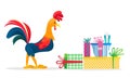 Rooster with gifts. Christmas vector illustration. The symbol of the new year 2017.