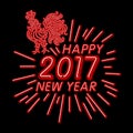 The rooster happy new year greeting card design template. 2017 new year calendar symbol or rooster, glowing neon light on dar Royalty Free Stock Photo