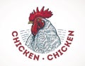 Rooster head drawing in graphic style, created in the form of a label.