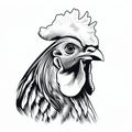 Detailed Black And White Rooster Head Illustration