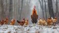 Rooster and hens forage in forest, rooster shows distress in emotional conclusion